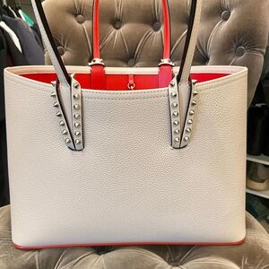 Christian Louboutin Cabata Cream Tote with Red Interior and Silver Studs
